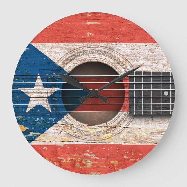 Puerto Rico Flag auf der alten akustischen Gitarre Große Wanduhr (Vorderseite)