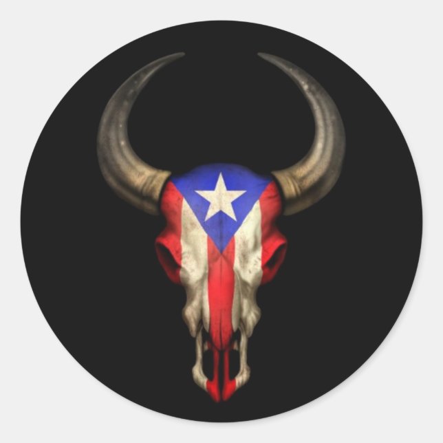 Puerto Rico Flag Bull Skull auf Schwarz Runder Aufkleber (Vorderseite)