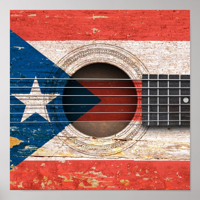 Puerto Rico Flag on Old Acoustic Guitar Poster (Vorne)