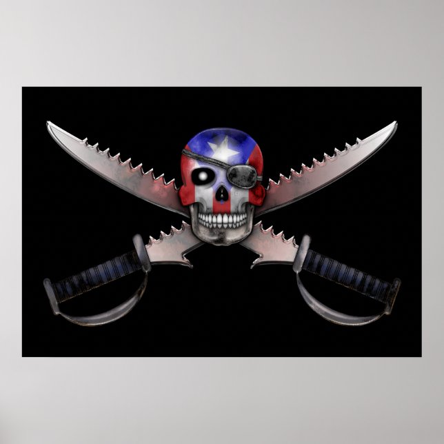 Puerto-Rico-Flagge - Schwerter mit Schädel und Kre Poster (Vorne)