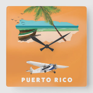 Puerto Rico illustrierte Reiselandkarte Poster. Quadratische Wanduhr