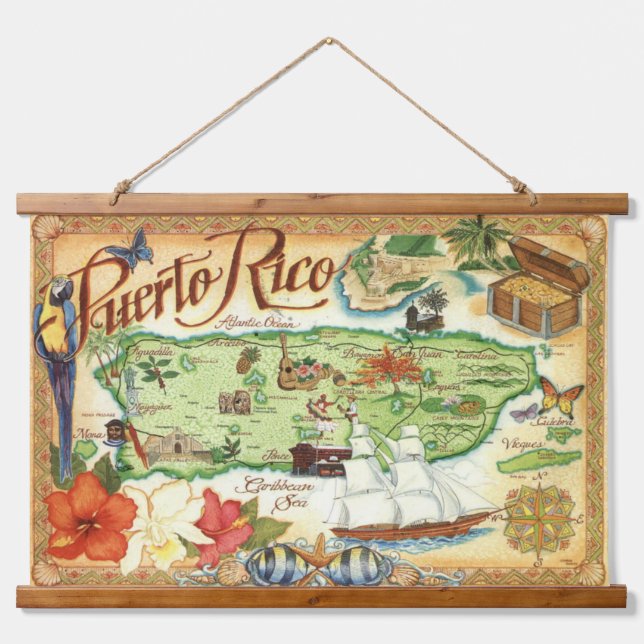 Puerto Rico Karte Wandteppich Mit Holzrahmen (Vorne)
