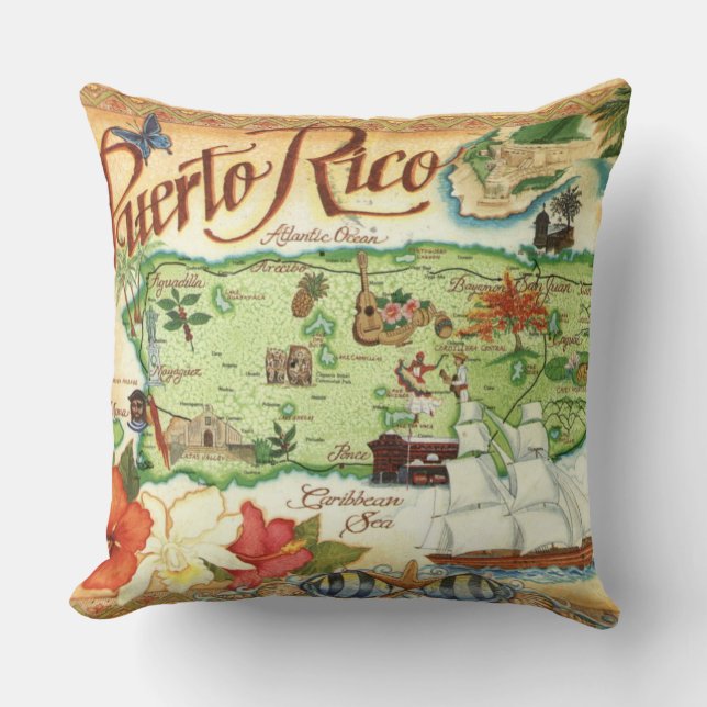 Puerto Rico Vintage Karte Kissen (Vorderseite)