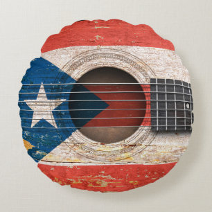 Puerto- Ricoflagge auf alter Akustikgitarre Rundes Kissen