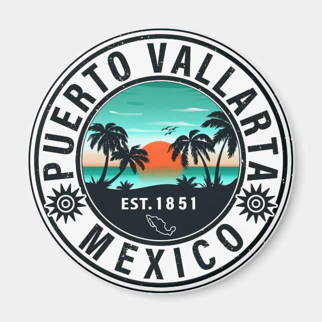 Puerto Vallarta Mexico Retro Sunset Souvenirs 60er Magnet (Vorne)