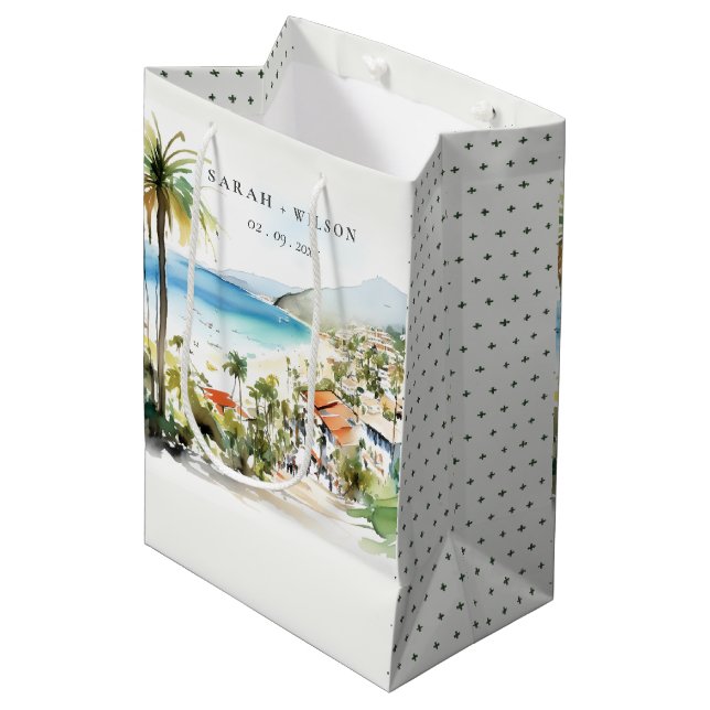Puerto Vallarta Mexico Watercolor scape Wedding Mittlere Geschenktüte (Vorderseite Schrägansicht)
