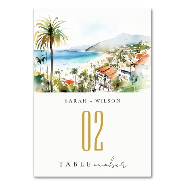 Puerto Vallarta Mexico Watercolor scape Wedding Tischnummer (Vorderseite)