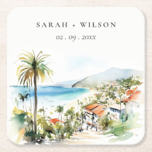 Puerto Vallarta Mexiko Aquarell-Landschaft Hochzei Rechteckiger Pappuntersetzer