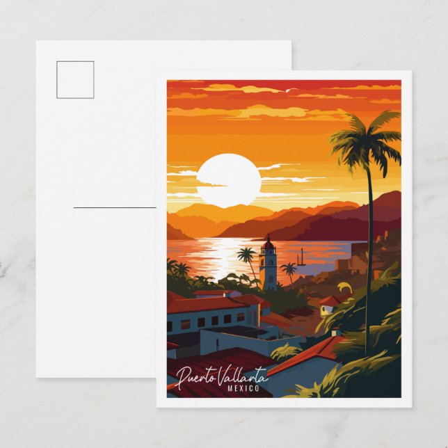 Puerto Vallarta Mexiko Vintage Illustration Postkarte (Vorne/Hinten)