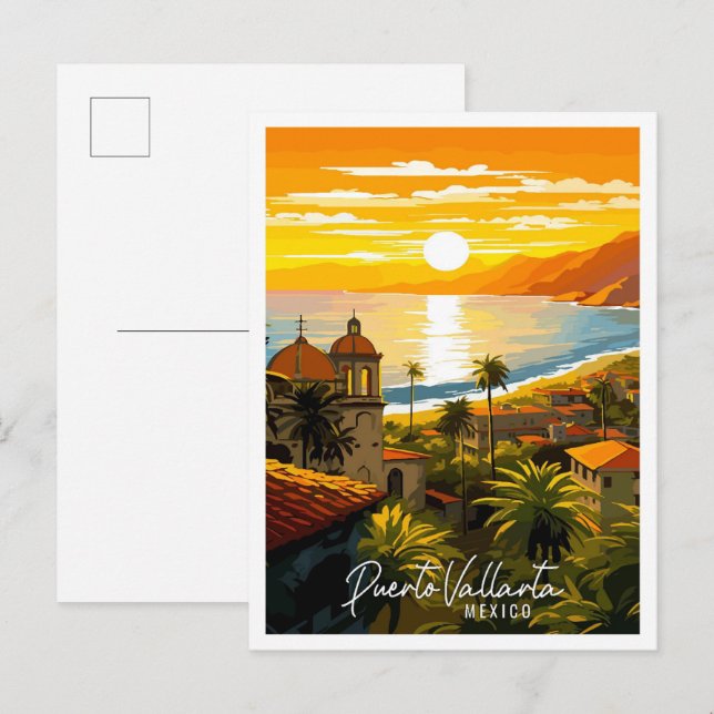 Puerto Vallarta Mexiko Vintage Illustration Postkarte (Vorne/Hinten)