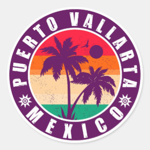 Puerto Vallarta Palm Tree Retro Souvenir 80er Runder Aufkleber