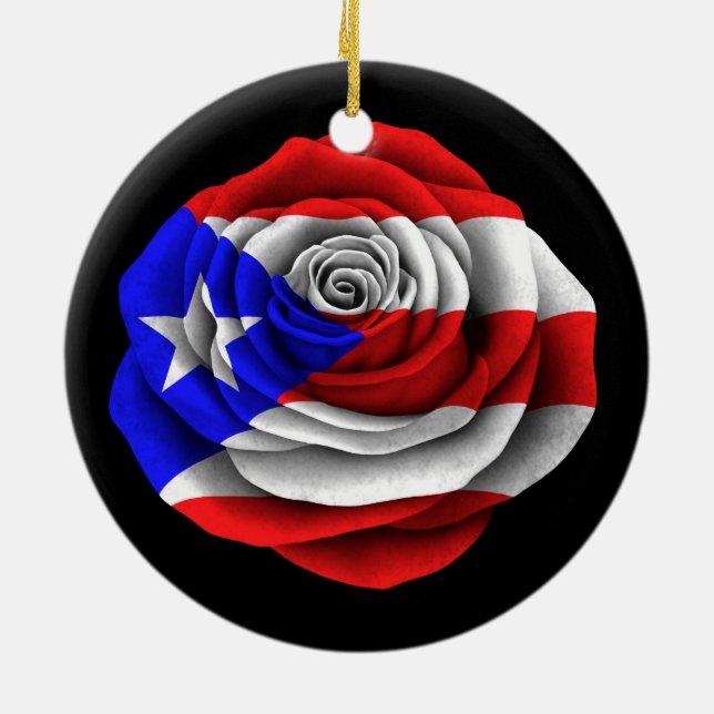 Puertorikanische Rosen-Flagge auf Schwarzem Keramik Ornament (Hinten)
