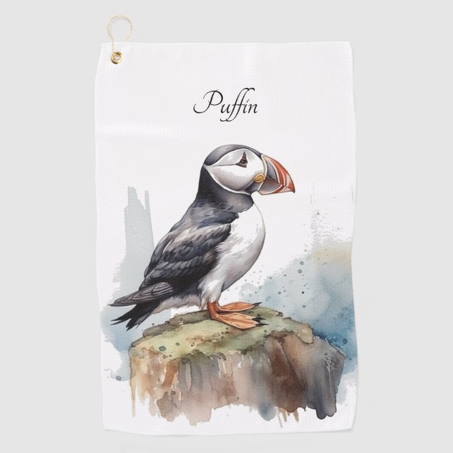 Puffin auf einer Felsenwasserfarbe, nach Maß Golfhandtuch (Vorderseite)