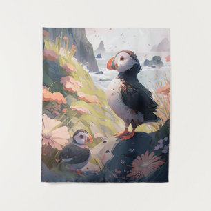 Puffin Bird Portrait Animal Painting Free Wandteppich