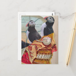 Puffin Birds on the Brain Surreal mixed media  Postkarte