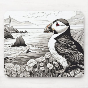 Puffin Friedliche Natur Klippe Sketch Zeichnend St Mousepad