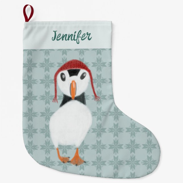 Puffin im Winter Hat Personalisiert Großer Weihnachtsstrumpf (Vorderseite)
