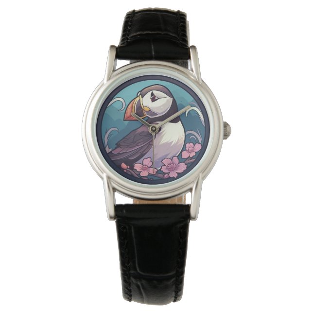 Puffin mit rosa Blume Armbanduhr (Vorderseite)