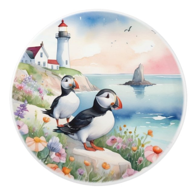 Puffins am Meer - Blume und Leuchtturm im Ozean Keramikknauf (Vorderseite)