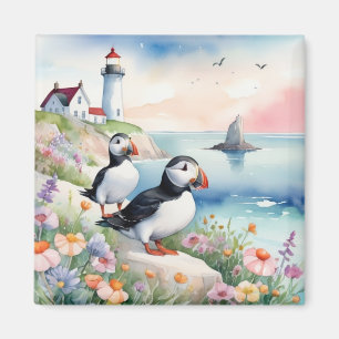 Puffins am Meer - Blume und Leuchtturm im Ozean Magnet