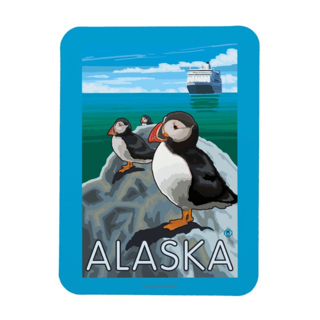 Puffins beim Beobachten eines Kreuzfahrtschiffs Magnet (Vertikal)