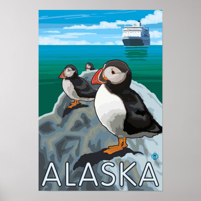 Puffins beim Beobachten eines Kreuzfahrtschiffs Poster (Vorne)