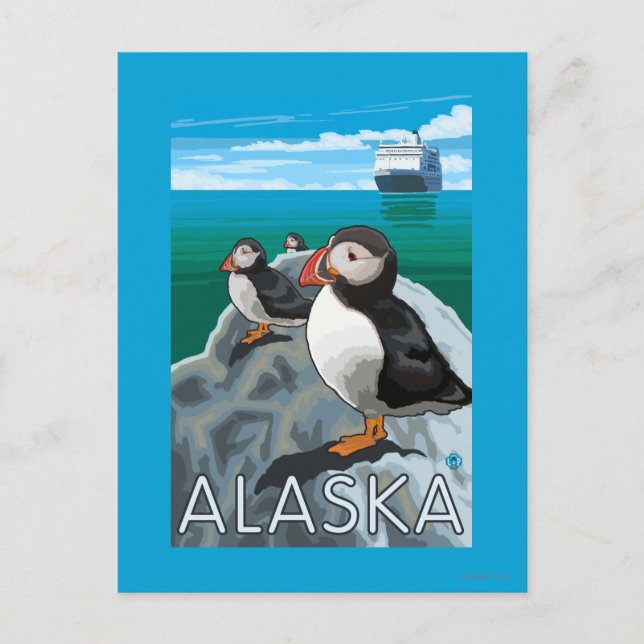 Puffins beim Beobachten eines Kreuzfahrtschiffs Postkarte (Vorderseite)