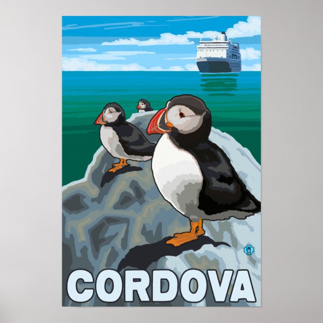 Puffins & Kreuzfahrtschiff - Cordoba, Alaska Poster (Vorne)