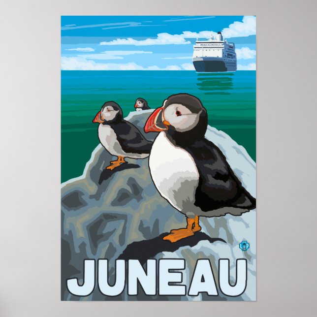 Puffins & Kreuzfahrtschiff - Juneau, Alaska Poster (Vorne)
