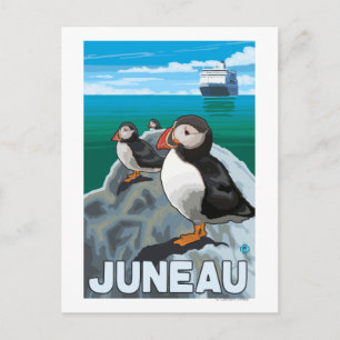 Puffins & Kreuzfahrtschiff - Juneau, Alaska Postkarte