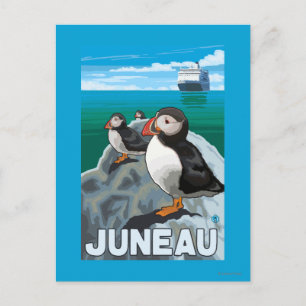 Puffins & Kreuzfahrtschiff - Juneau, Alaska Postkarte