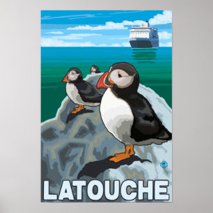 Puffins & Kreuzfahrtschiff - Latouche, Alaska Poster