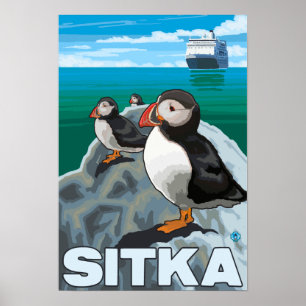 Puffins & Kreuzfahrtschiff - Sitka, Alaska Poster