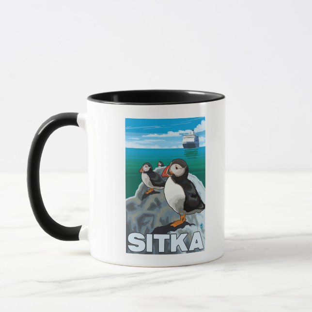 Puffins & Kreuzfahrtschiff - Sitka, Alaska Tasse (Links)