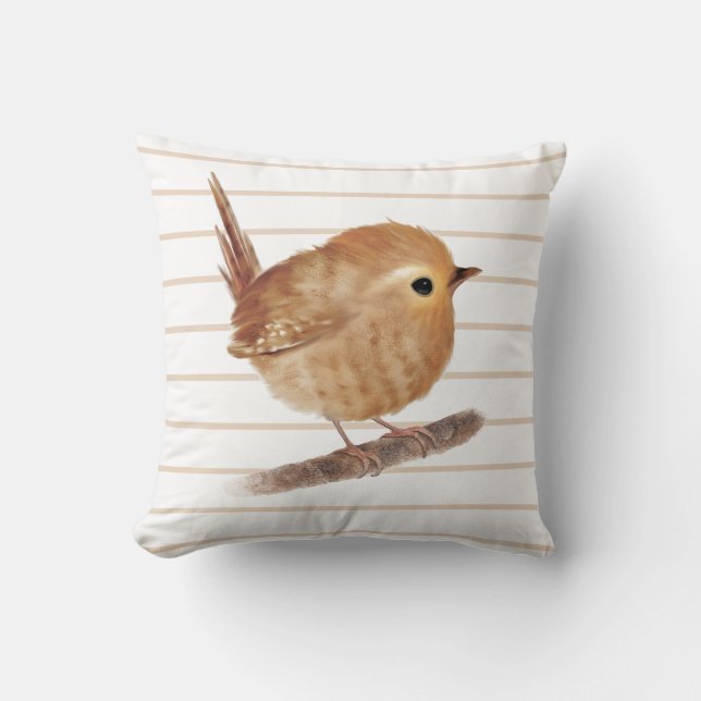 Puffy Wren Bird Throw Kissen (Vorderseite)