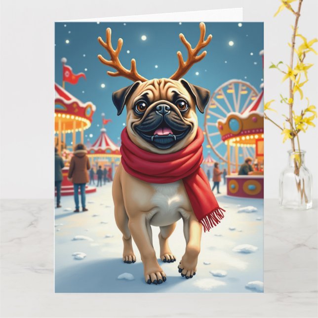 Pug at the Winter Fairgrounds Christmas Painting Karte (Gelbe Blume)