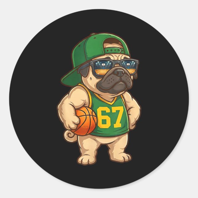 Pug Basketball Dog 67 Gen Alpha Slang Srts Men Boy Runder Aufkleber (Vorderseite)