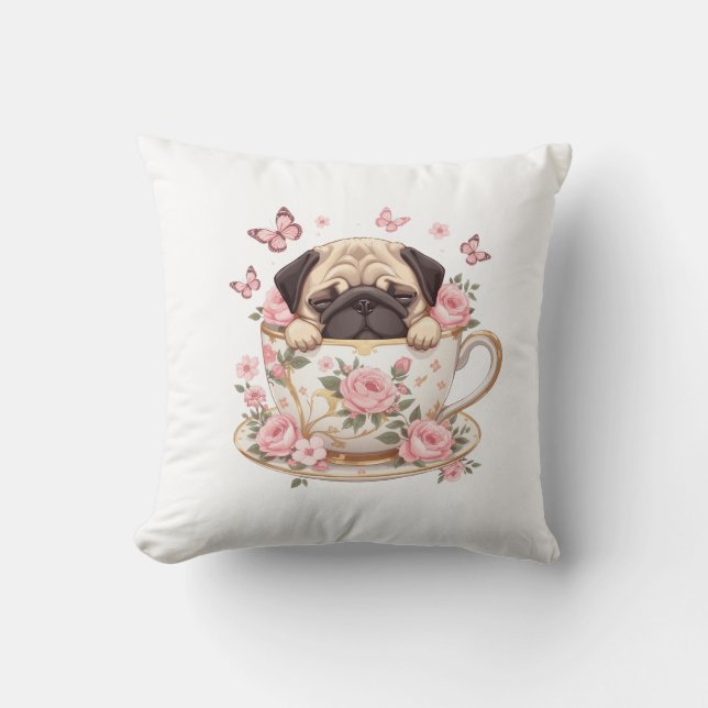 Pug Blossom Dreams Throw Pillow – Cute Floral Pug  Kissen (Vorderseite)