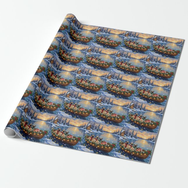 Pug Christmas Boat Holiday Geschenkpapier (Ungerollt)