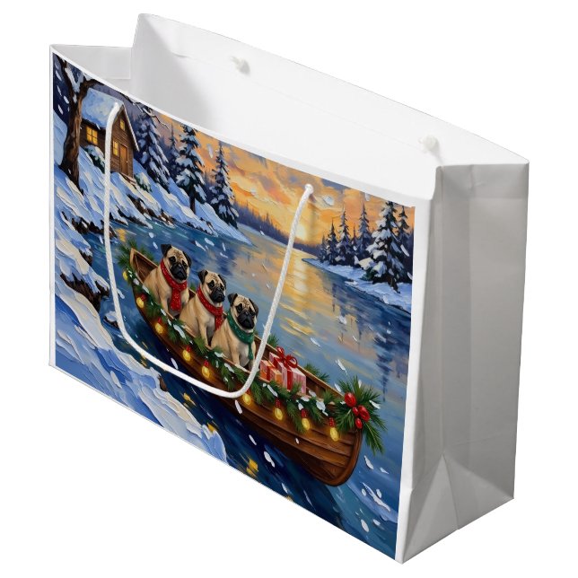 Pug Christmas Boat Holiday Große Geschenktüte (Vorderseite Schrägansicht)
