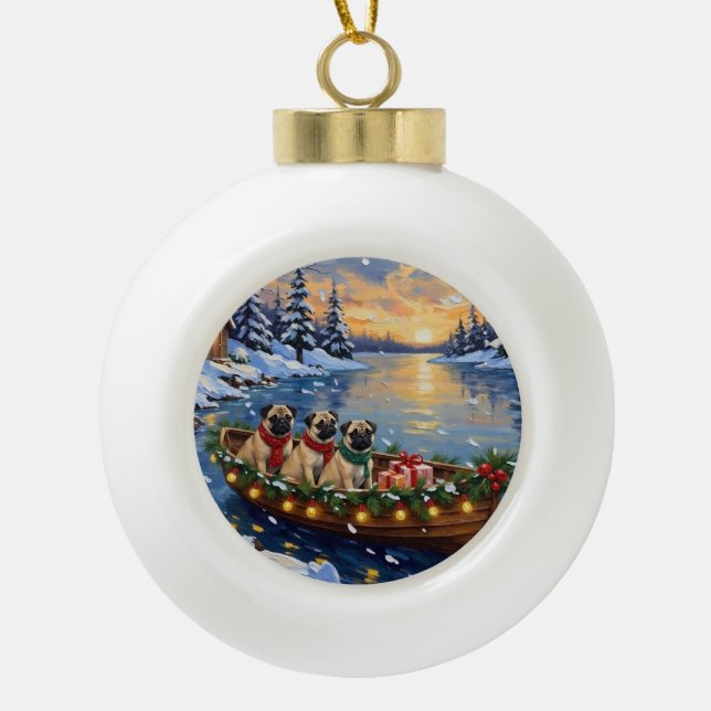 Pug Christmas Boat Holiday Keramik Kugel-Ornament (Vorderseite)