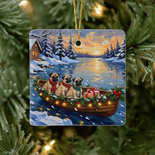 Pug Christmas Boat Holiday Keramikornament (Baum)