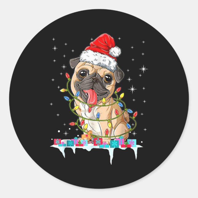 Pug Christmas Tree Lights Santa Dog Xmas  Runder Aufkleber (Vorderseite)