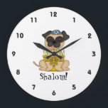 Pug dog with Menorah Große Wanduhr<br><div class="desc">This is a little wall clock for your child's room, featuring a sweet little cartoon Pug dog wearing a yarmulke und a menorah in front of him. Around the edges, are easy to read numbers in black! Below the dog is the word "Shalom!" You can customize the text if you...</div>