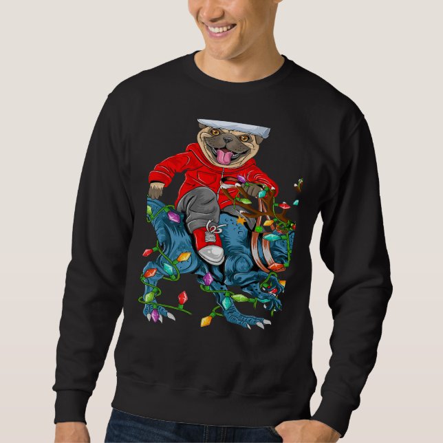Pug Dog Xmas Lights Pug Riding Dinosaur Christmas Sweatshirt (Vorderseite)