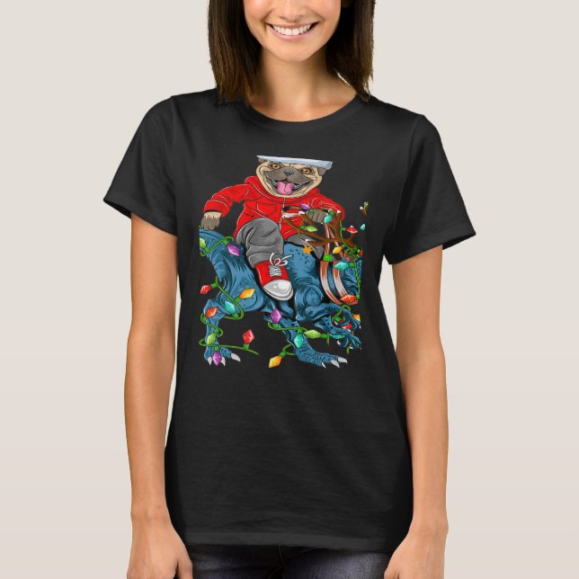 Pug Dog Xmas Lights Pug Riding Dinosaur Christmas T-Shirt (Vorderseite)