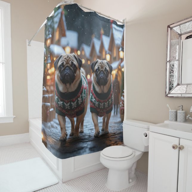 Pug Dogs Christmas Snow Holiday Duschvorhang (Beispiel)