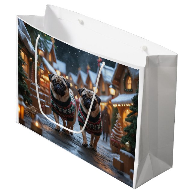 Pug Dogs Christmas Snow Holiday Große Geschenktüte (Vorderseite Schrägansicht)