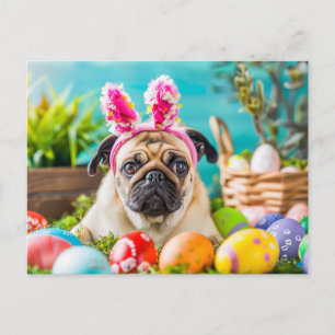 Pug Dressed as Easter Bunny with Eggs Postkarte