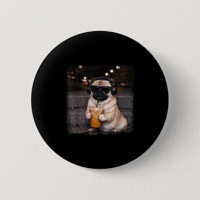 Pug drinking iced coffee lover humor funny dog mem button (Vorderseite)